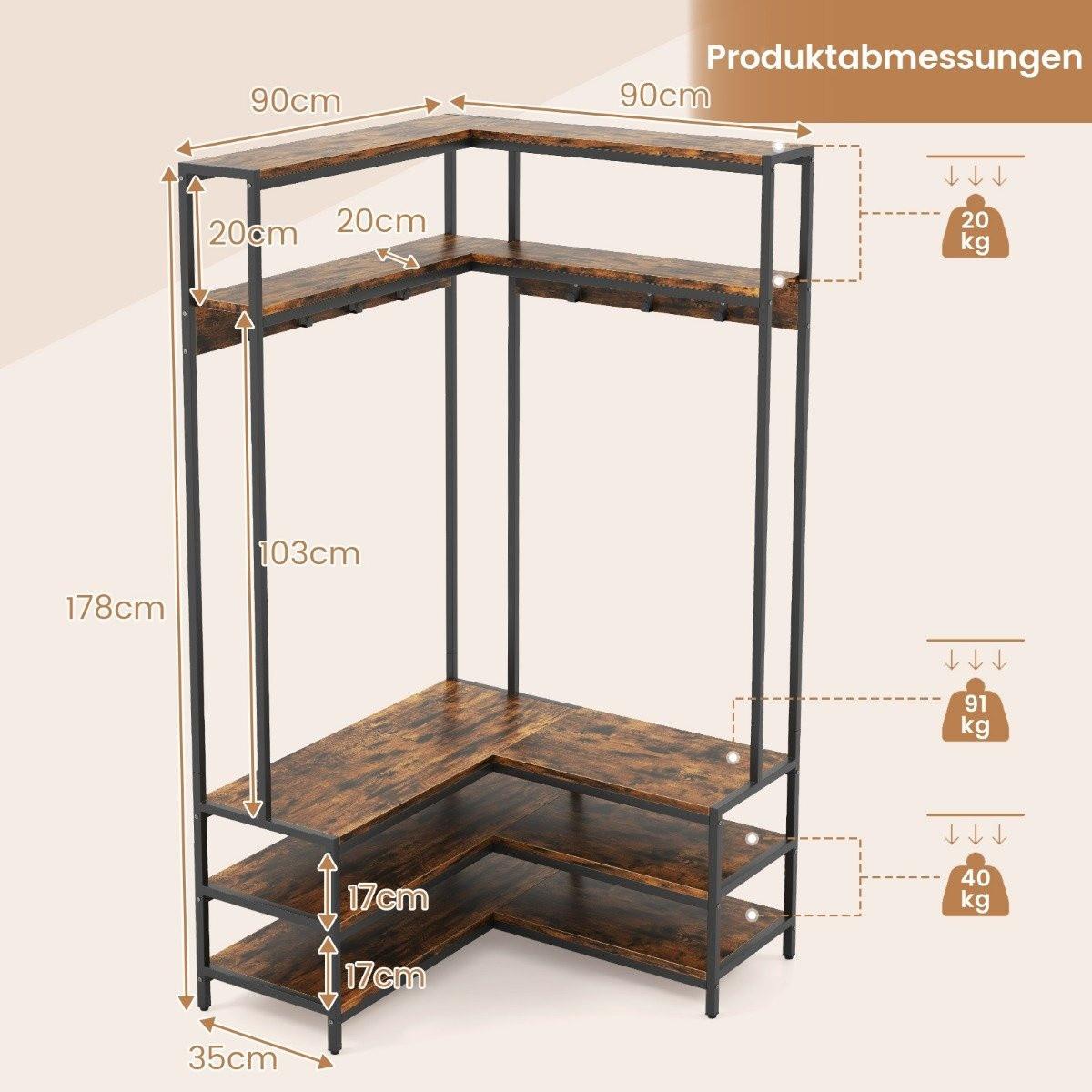 Northix Eck-Garderobenständer mit Sitzbank L-förmiger Kleiderständer mit offenen Ablagen 90 x 90 x 178 cm Rustikales Braun  