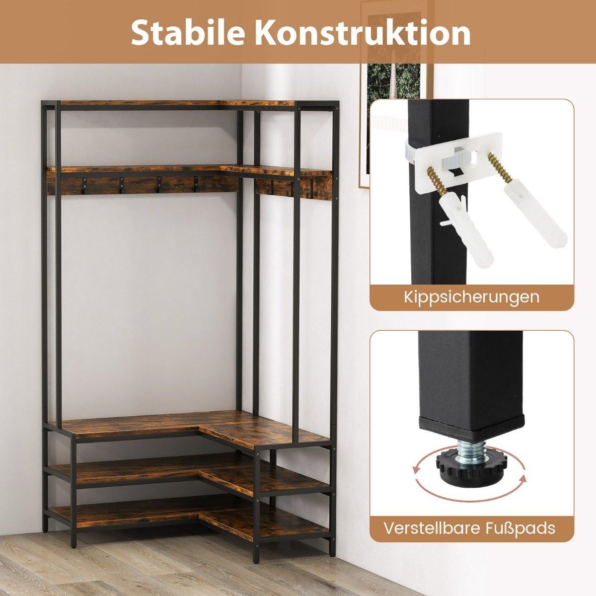 Northix Eck-Garderobenständer mit Sitzbank L-förmiger Kleiderständer mit offenen Ablagen 90 x 90 x 178 cm Rustikales Braun  