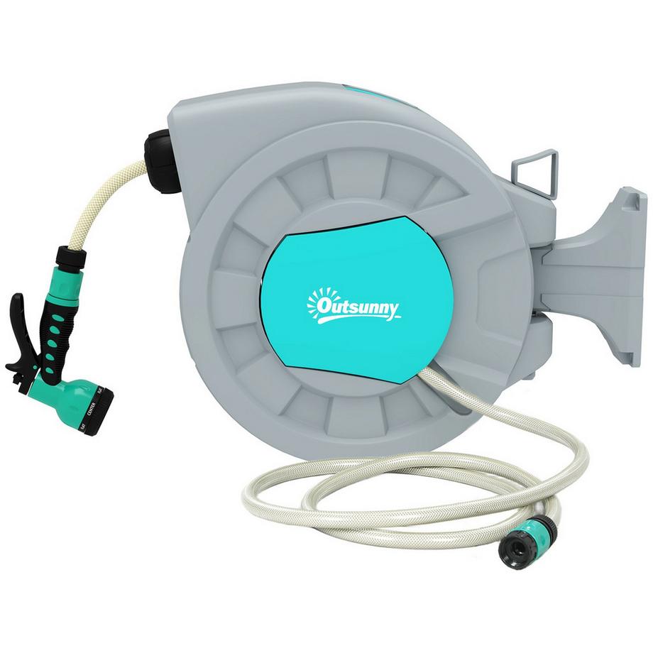 Northio  Schlauchtrommel mit Gartenschlauch 20m, 180° schwenkbar Schlauchbox, Schlauchaufroller zur Wandmontage, Wasserschlauchaufroller mit automatische Aufrollung, 7-Funktionen Handbrause, Grau 