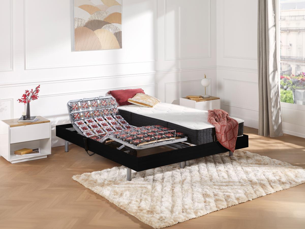 Vente-unique Letto elettrico relax sole sospensioni materasso molle insacchettate e memory motori OKIN 2 Nero PHANES di DREAMEA  