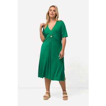 Robe midi en jersey, ligne A, avec décolleté en V et manches courtes