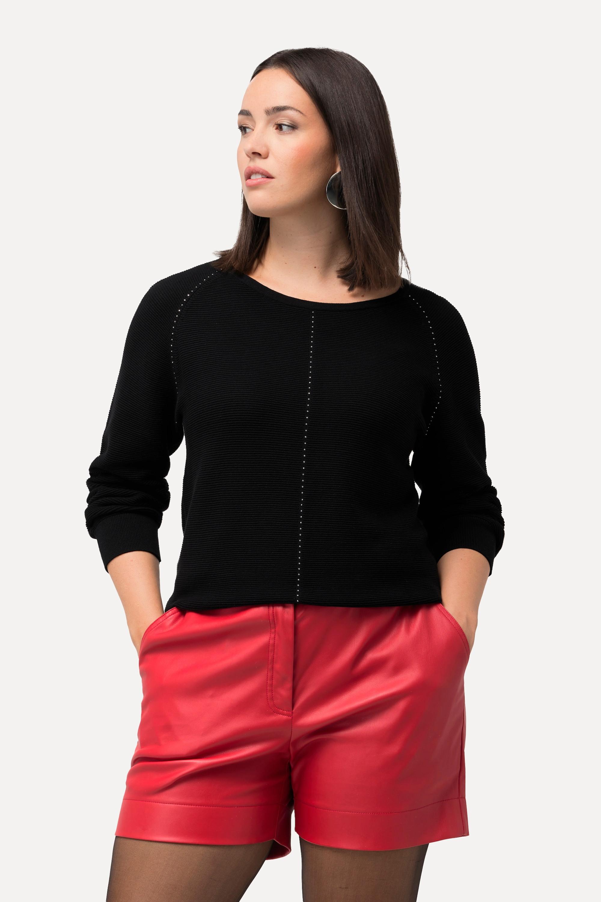 Ulla Popken  Pullover, Querrippen, Ziersteine, Rundhals, Langarm 