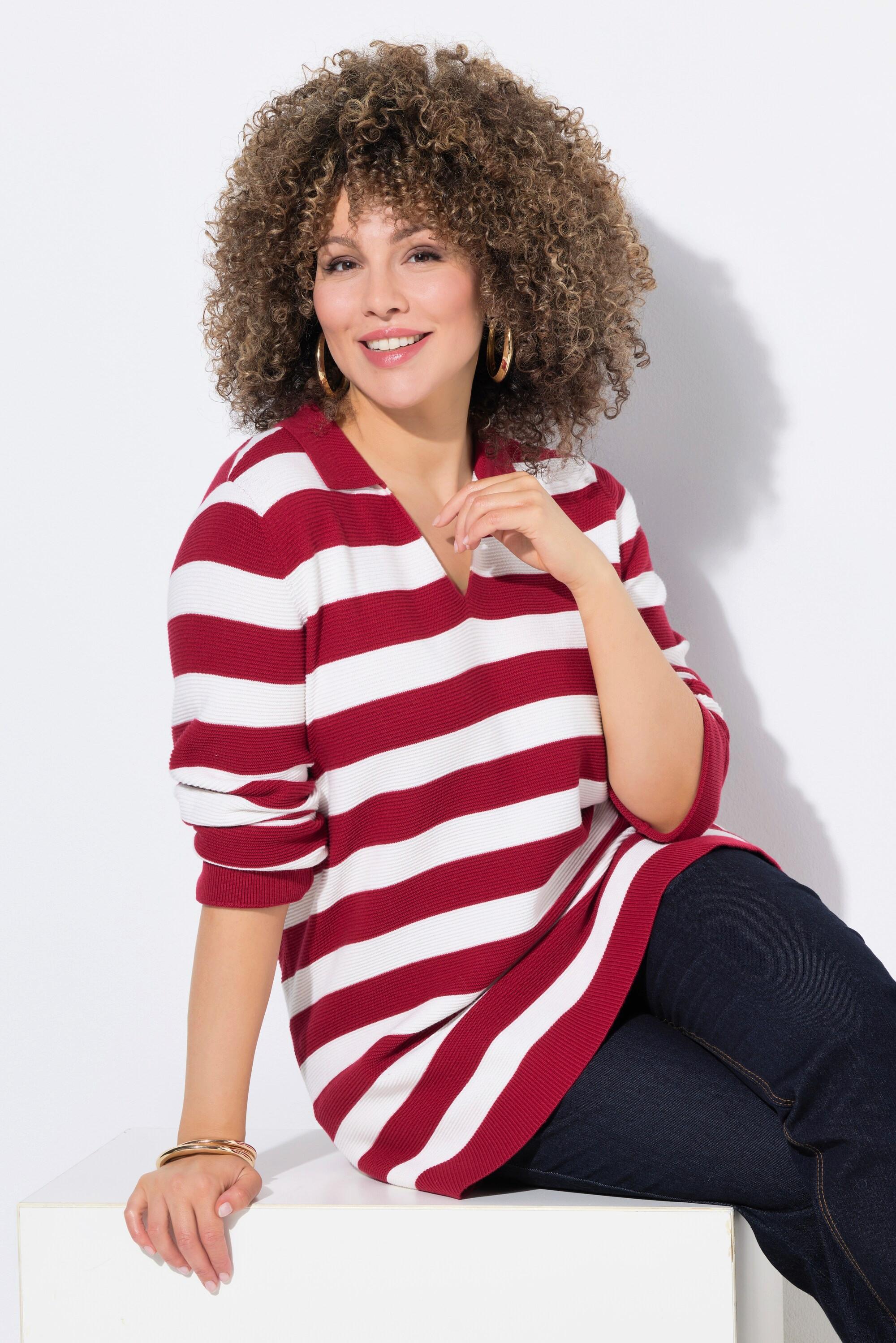 Ulla Popken Pull Rayé Maille Envers Col Polo Manches Longues  