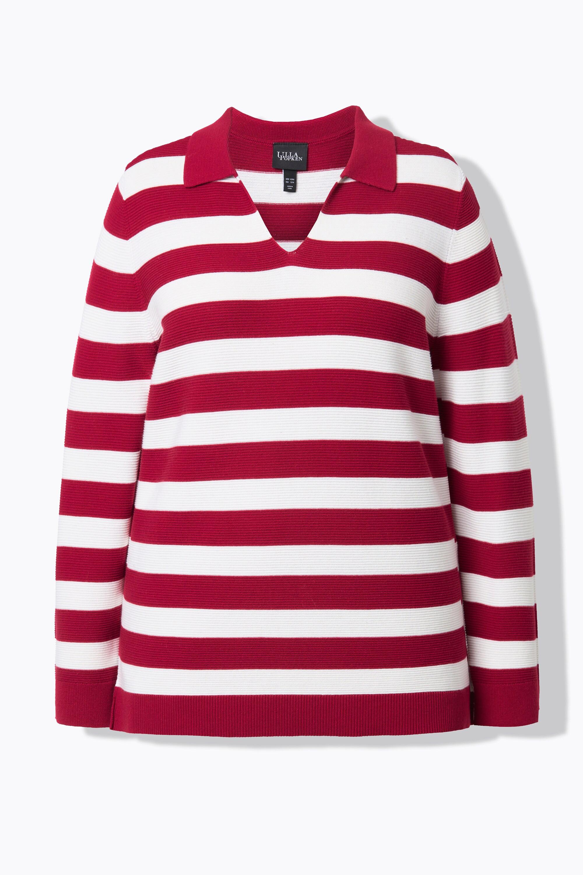 Ulla Popken Pull Rayé Maille Envers Col Polo Manches Longues  