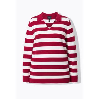 Ulla Popken Pull Rayé Maille Envers Col Polo Manches Longues  