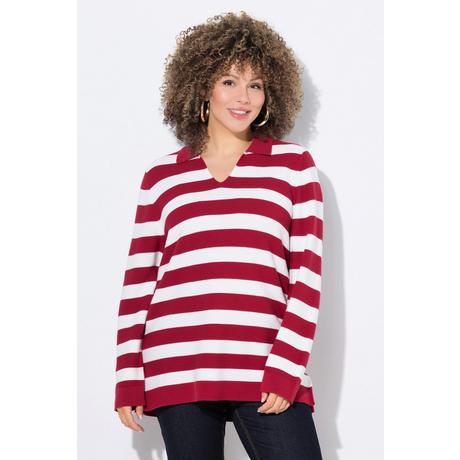 Ulla Popken Pull Rayé Maille Envers Col Polo Manches Longues  