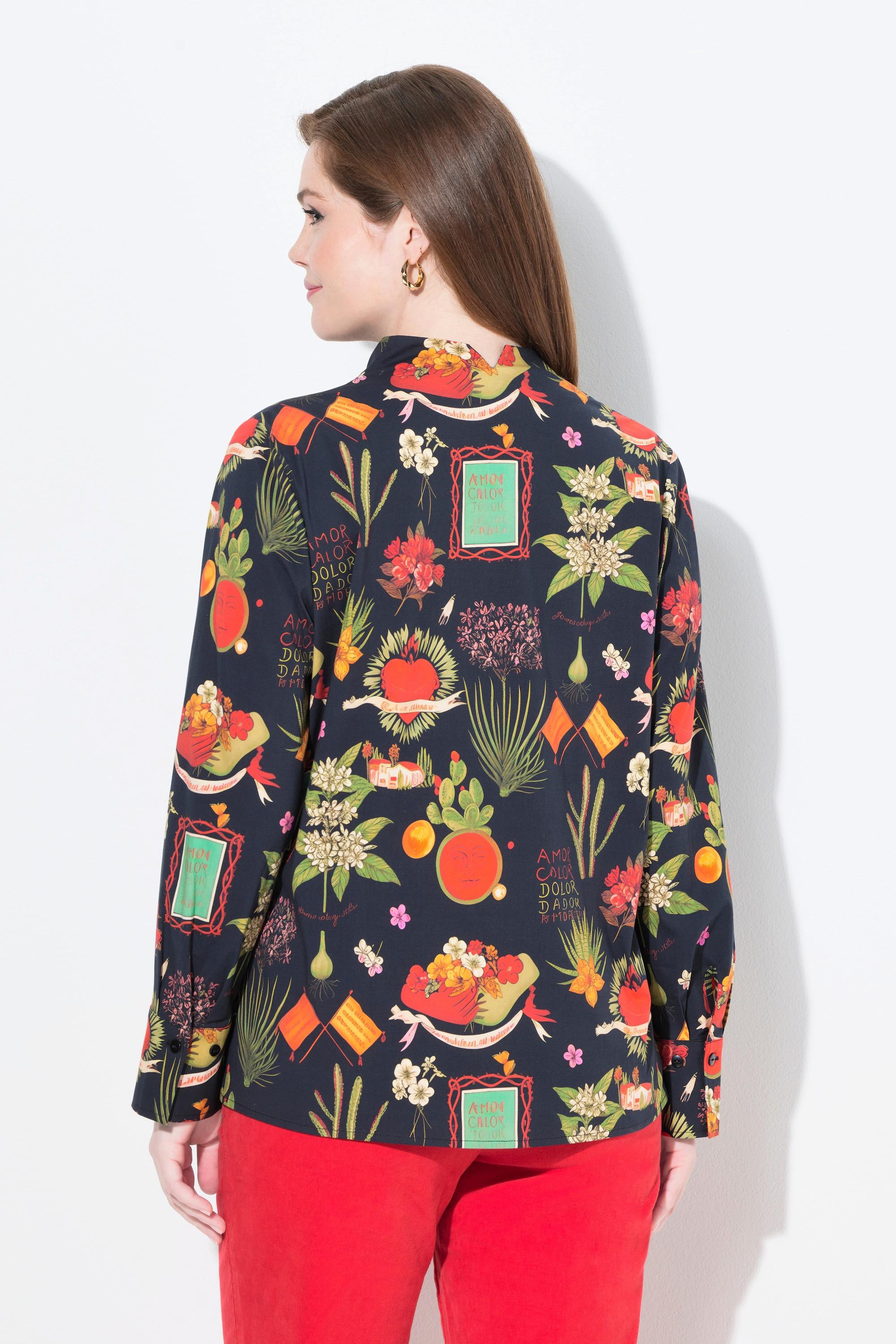 Ulla Popken Blusa Stampa Country Collo Montante Maniche Lunghe  