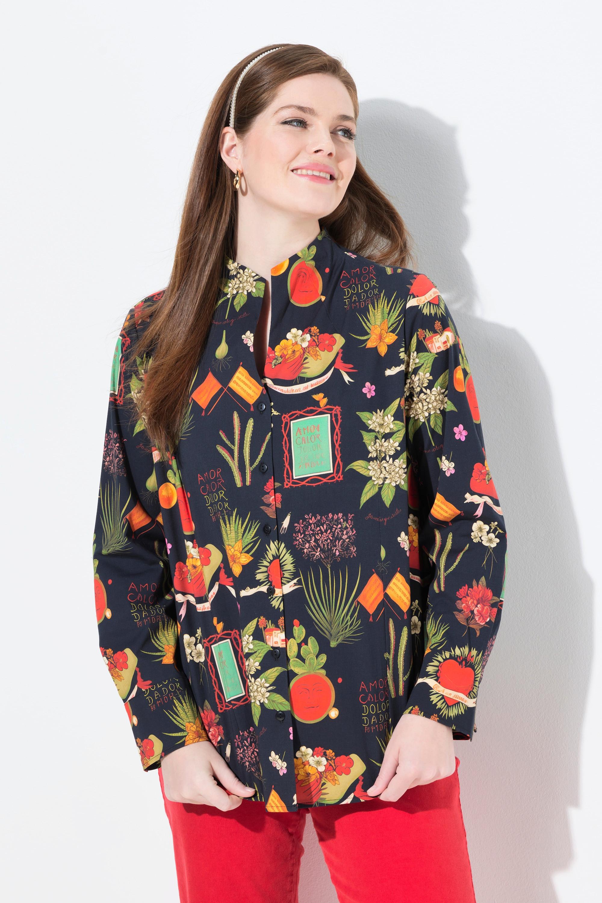 Ulla Popken Blusa Stampa Country Collo Montante Maniche Lunghe  