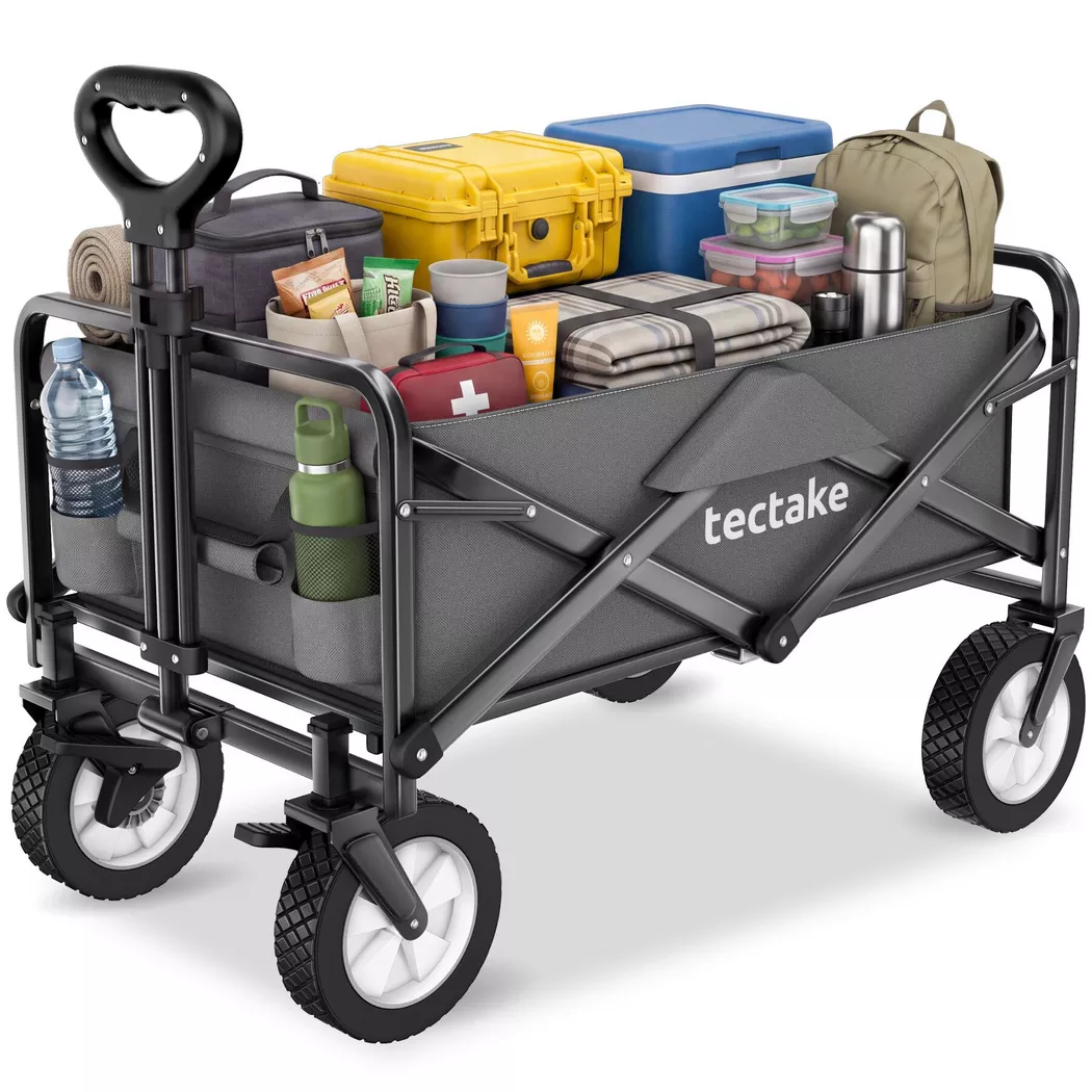 Tectake - Bollerwagen Leon faltbar mit Bremsen und gummierten Kunststoffrädern, 100cm, Grau
