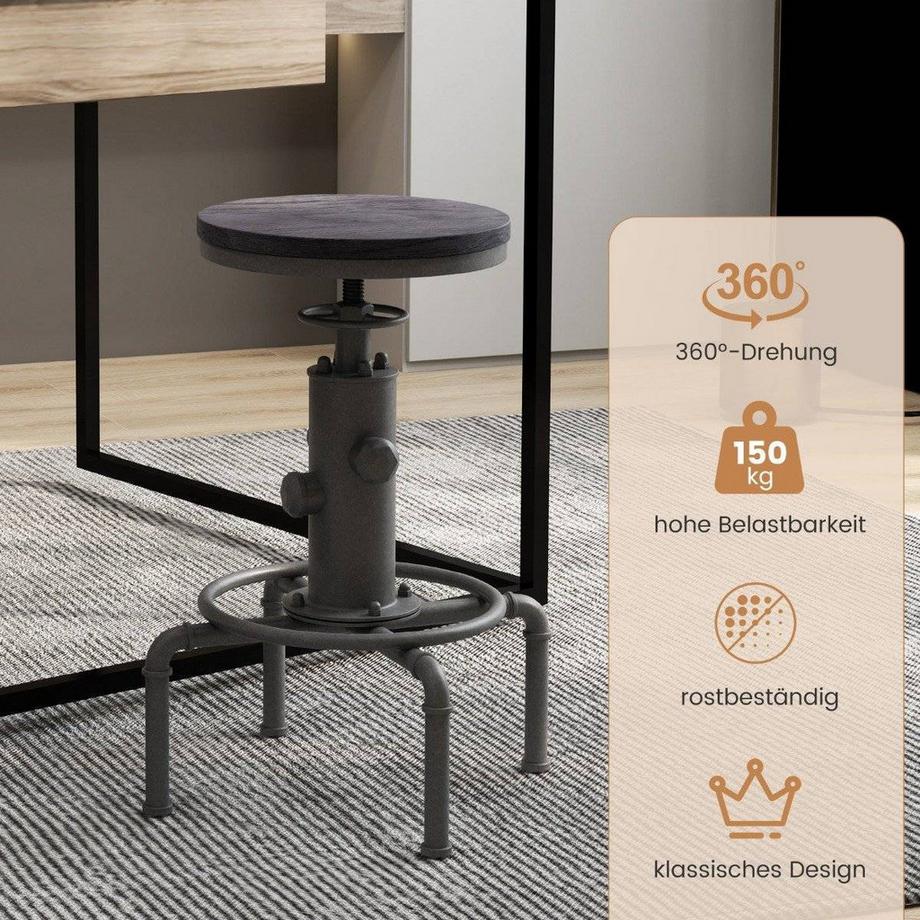 Northix  Tabouret de bar réglable en hauteur 59,5-75 cm, chaise de bar en bois et métal 