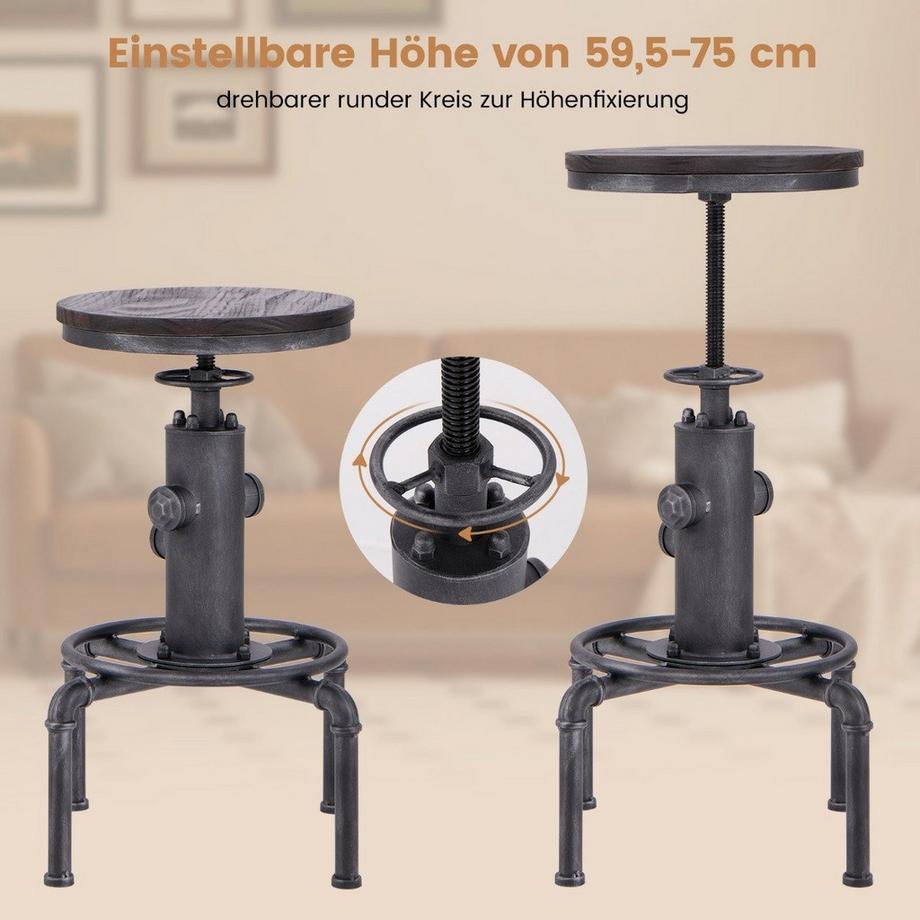 Northix  Tabouret de bar réglable en hauteur 59,5-75 cm, chaise de bar en bois et métal 