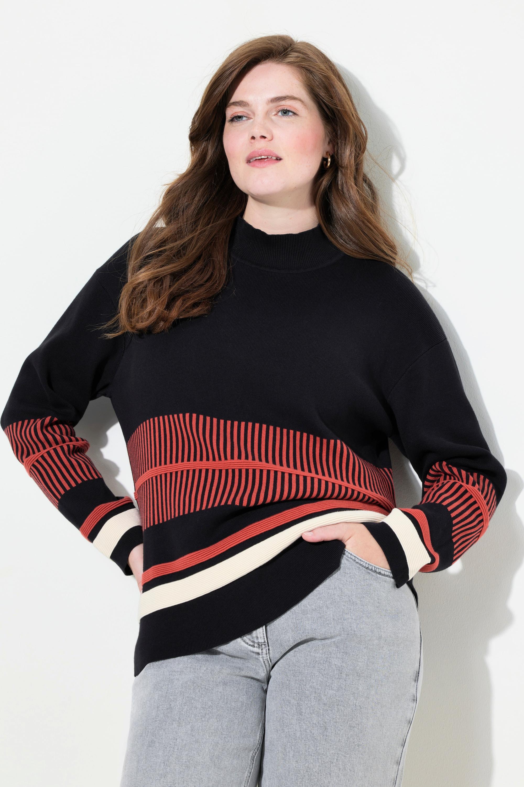 Ulla Popken  Pullover, Streifen, Stehkragen, Langarm, Biobaumwolle 