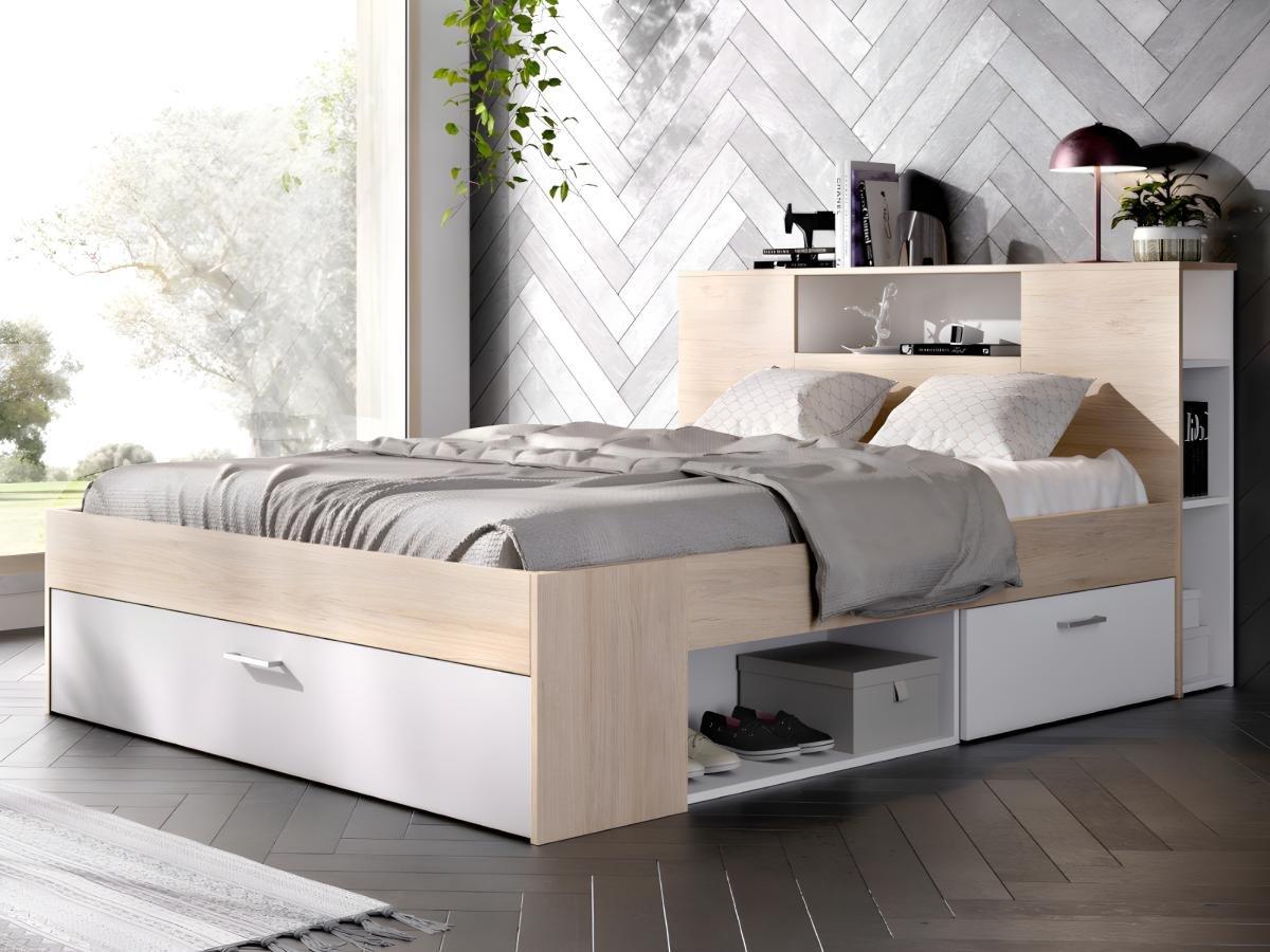 Vente-unique Bett mit Stauraum & Schubladen + Lattenrost - 160 x 200 cm - Weiß & Naturfarben - LEANDRE  