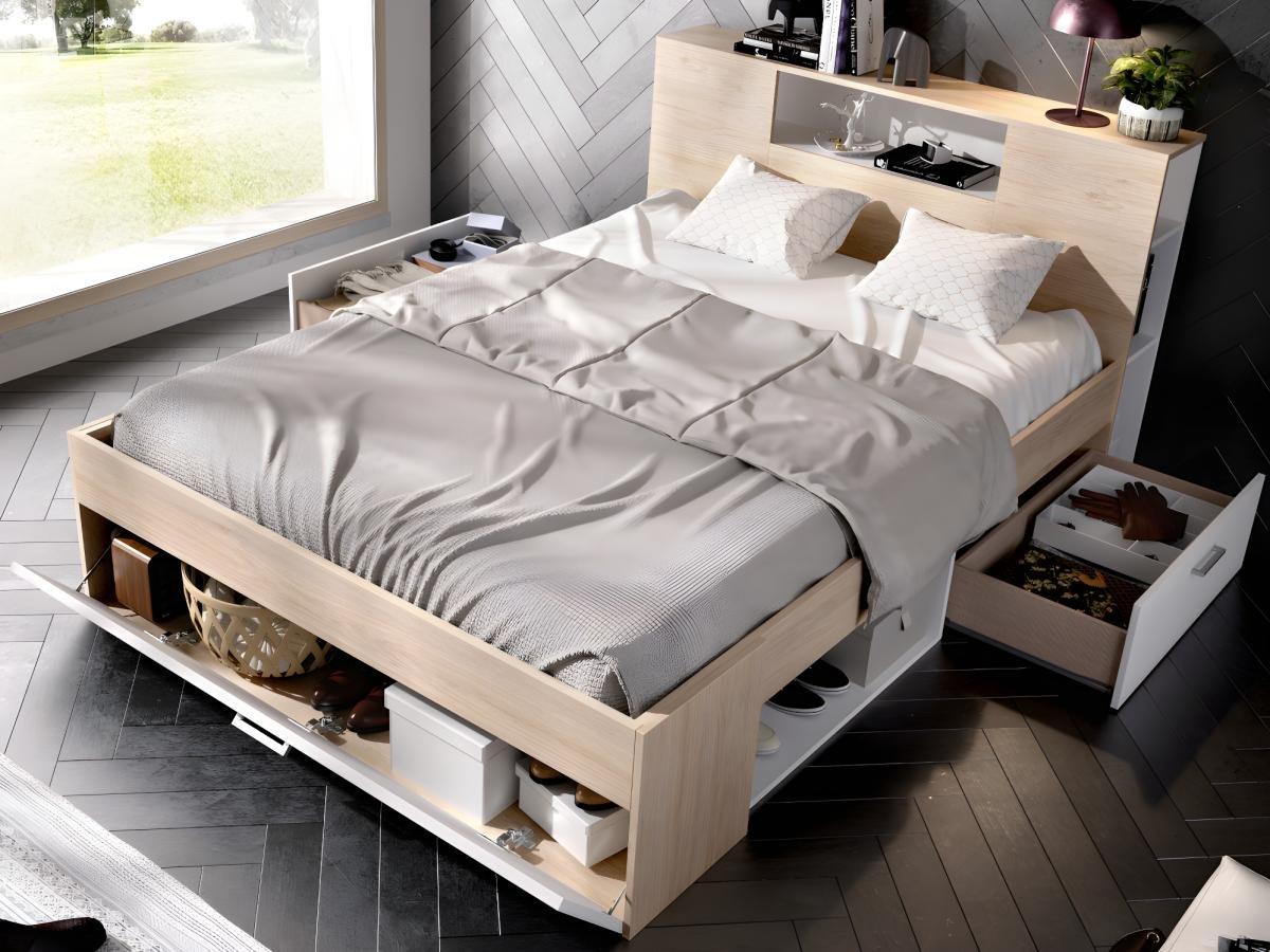 Vente-unique Bett mit Stauraum & Schubladen + Lattenrost - 160 x 200 cm - Weiß & Naturfarben - LEANDRE  
