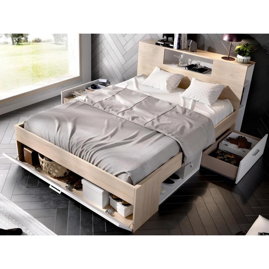 Vente-unique Letto con testata con vani portaoggetti e cassetti 160 x 200 cm: Naturale e Bianco + Rete LEANDRE  