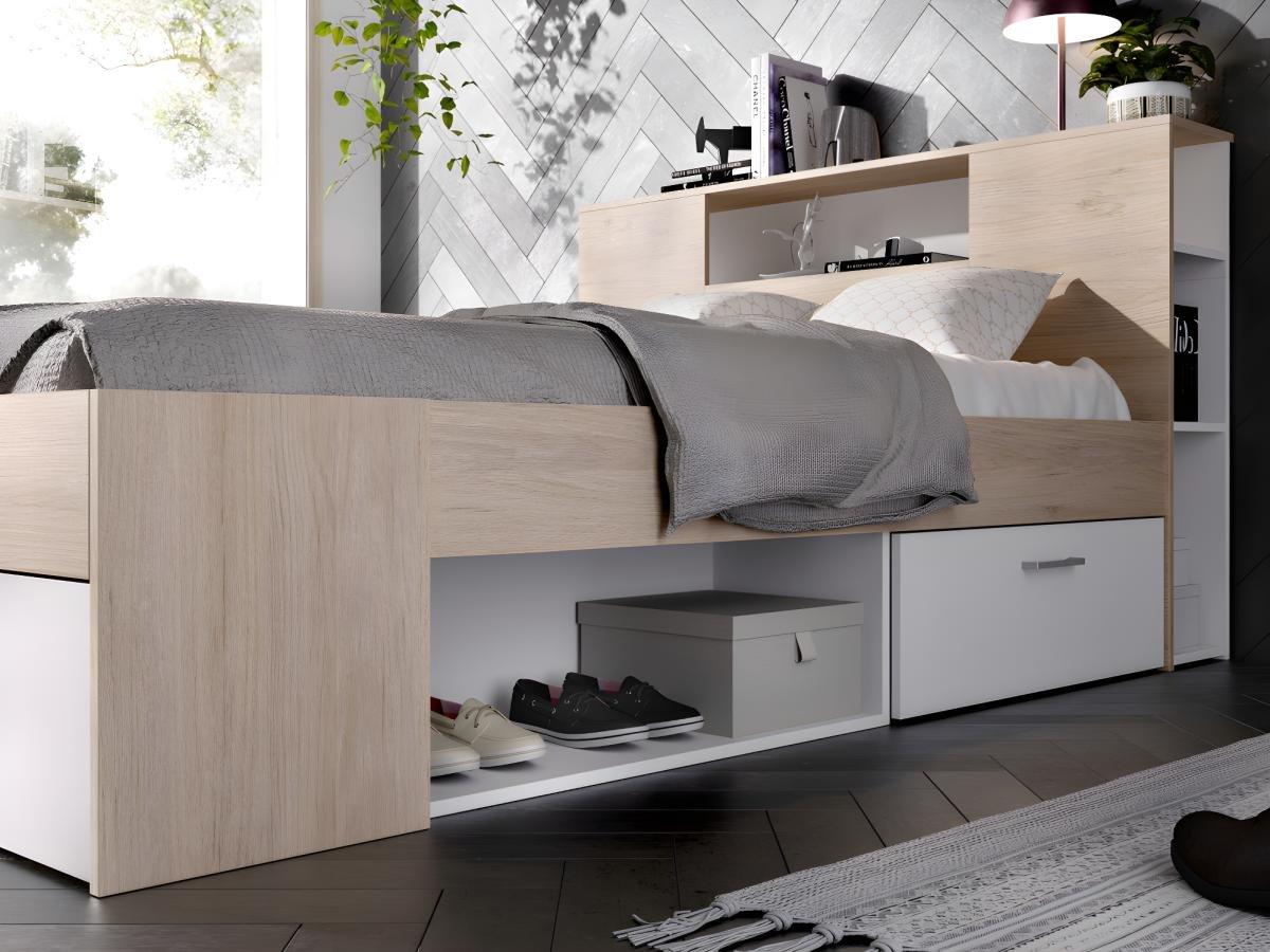 Vente-unique Bett mit Stauraum & Schubladen + Lattenrost - 160 x 200 cm - Weiß & Naturfarben - LEANDRE  