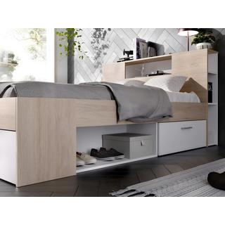 Vente-unique Bett mit Stauraum & Schubladen + Lattenrost - 160 x 200 cm - Weiß & Naturfarben - LEANDRE  