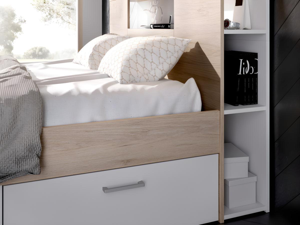 Vente-unique Bett mit Stauraum & Schubladen + Lattenrost - 160 x 200 cm - Weiß & Naturfarben - LEANDRE  