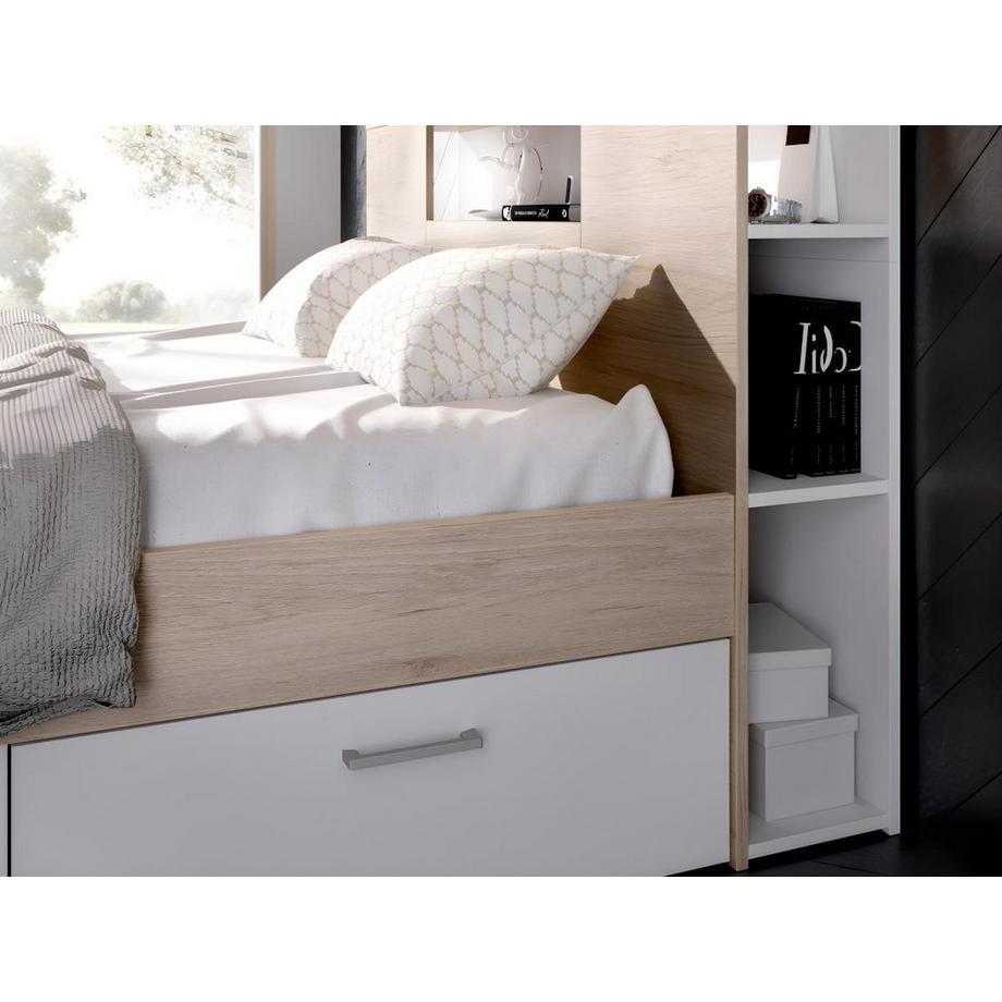 Vente-unique Letto con testata con vani portaoggetti e cassetti 160 x 200 cm: Naturale e Bianco + Rete LEANDRE  