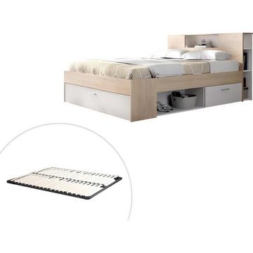 Bett mit Stauraum & Schubladen + Lattenrost - 160 x 200 cm - Weiß & Naturfarben - LEANDRE