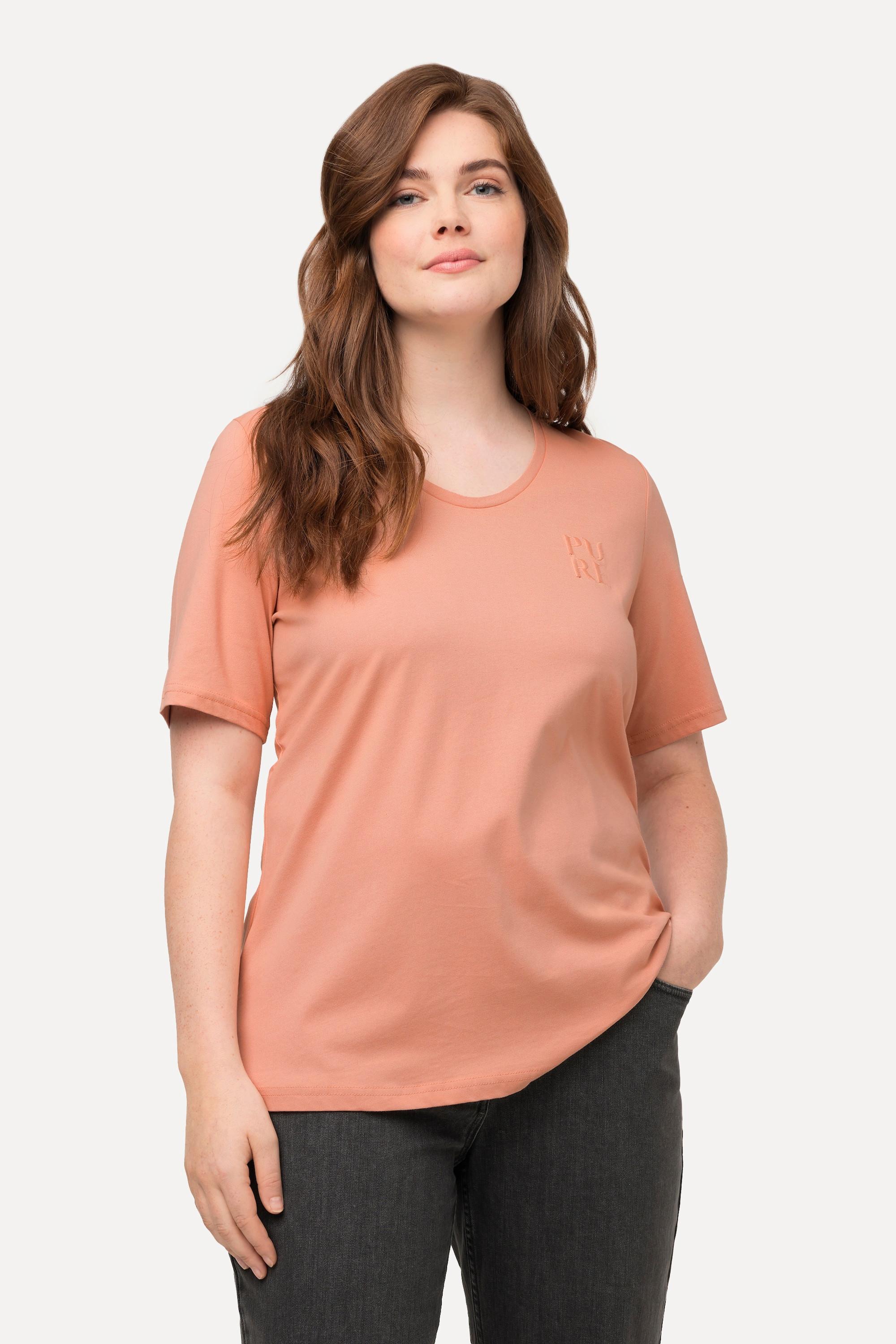 Ulla Popken  T-shirt di cotone biologico con PURE, scollatura a V e mezze maniche 