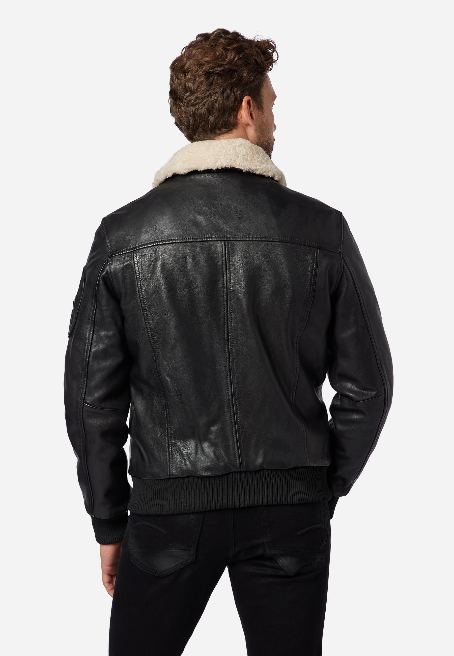 RICANO  Veste en cuir pour hommes M-Bomber - Blouson aviateur avec col en peau de mouton 