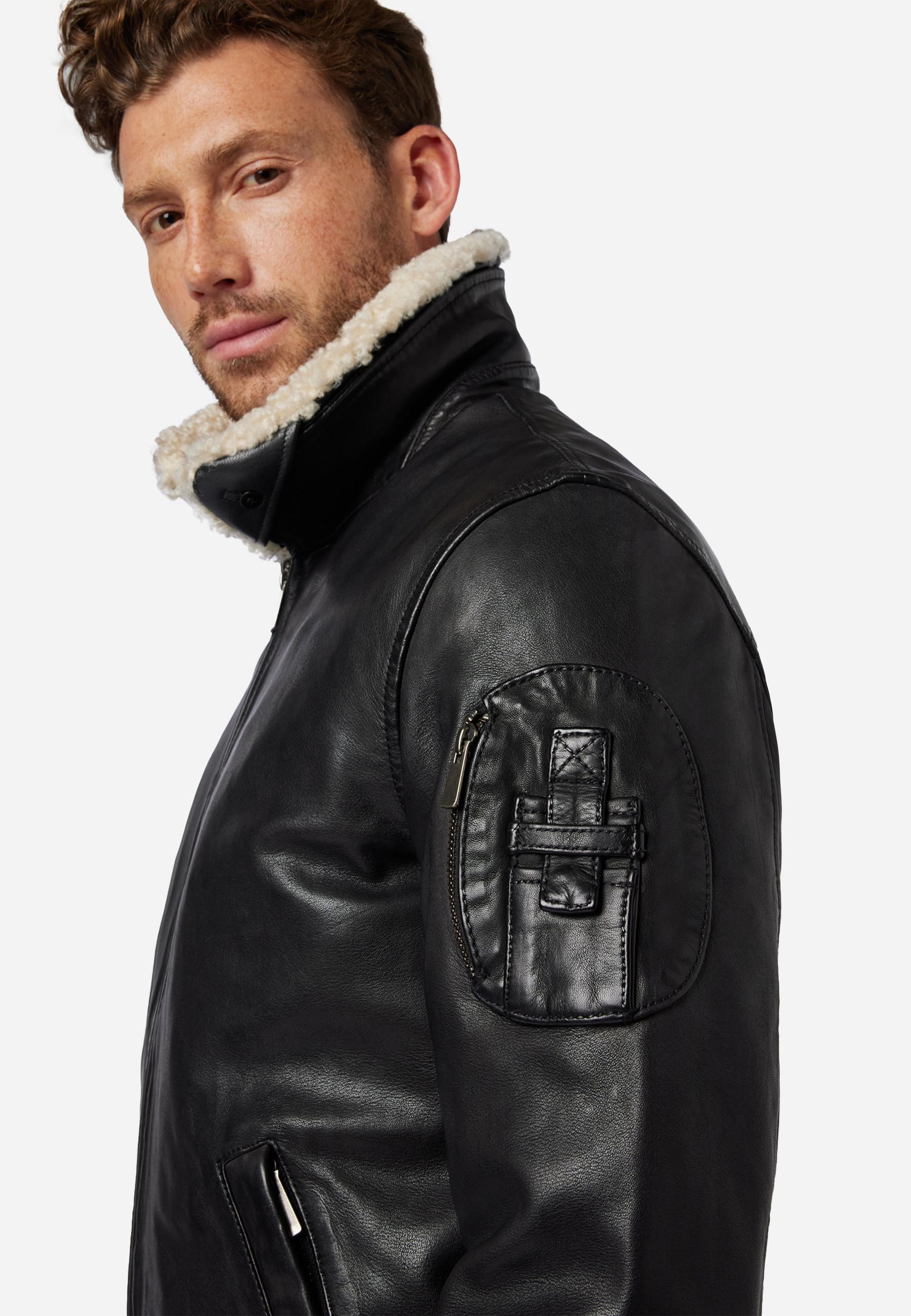 RICANO  Veste en cuir pour hommes M-Bomber - Blouson aviateur avec col en peau de mouton 