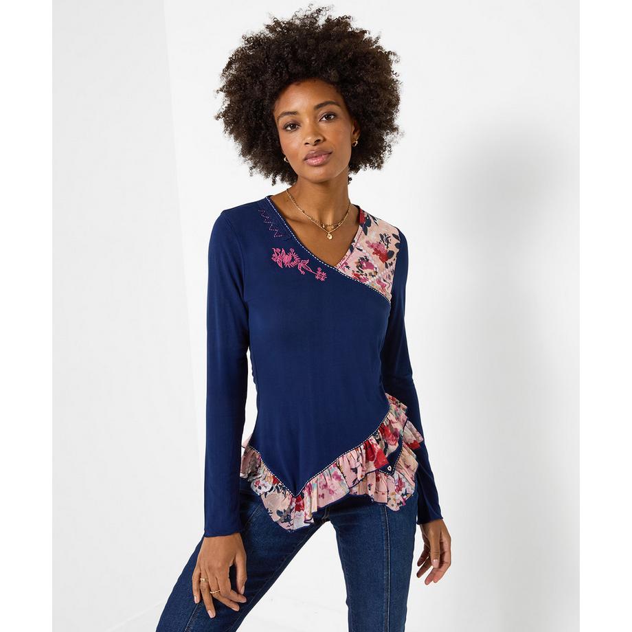 Joe Browns Chloe Henley-Shirt mit V-Ausschnitt und geblümtem Besatz  