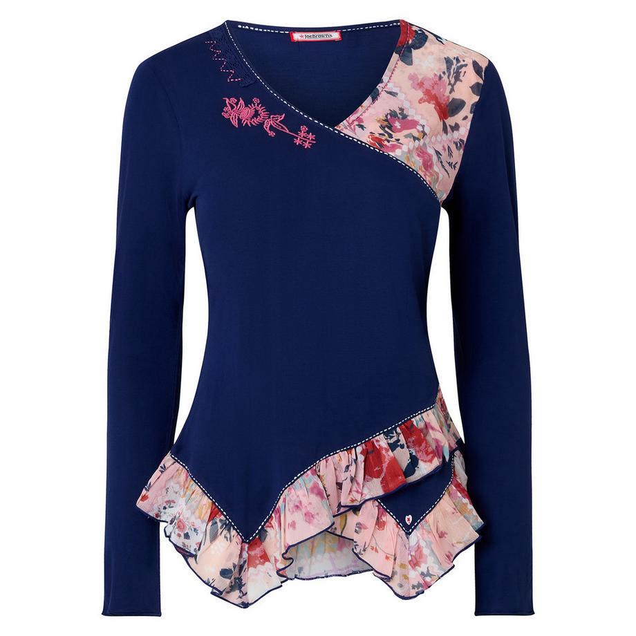 Joe Browns Chloe Henley-Shirt mit V-Ausschnitt und geblümtem Besatz  
