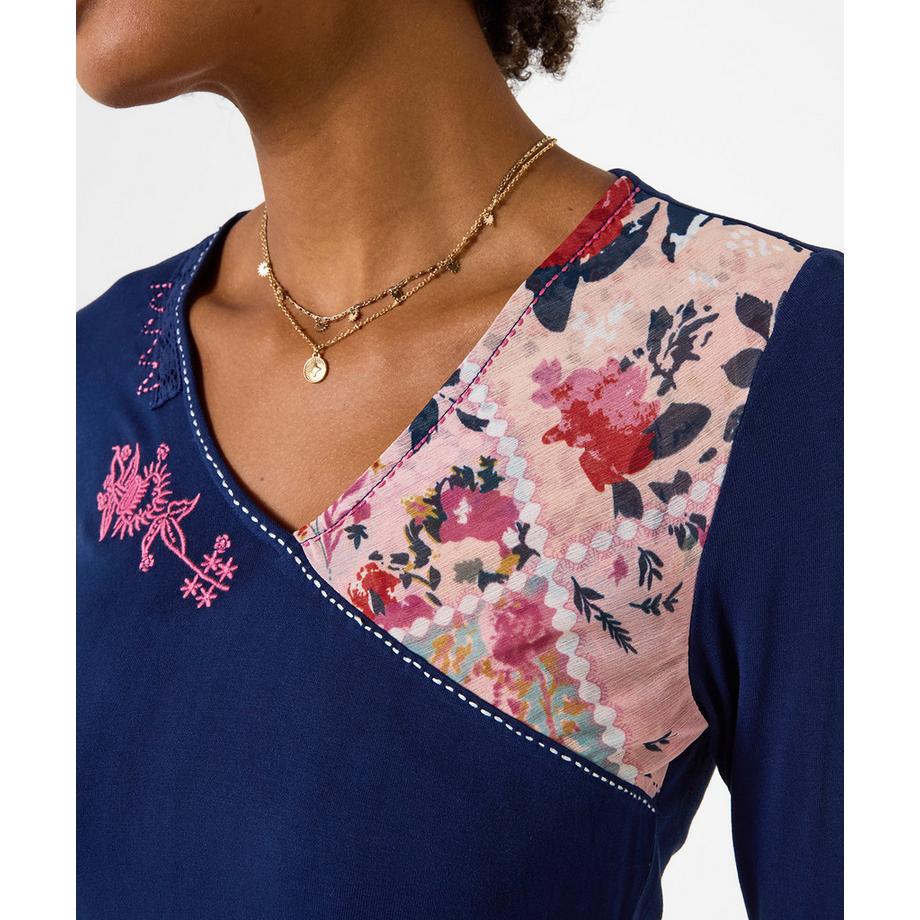 Joe Browns Chloe Henley-Shirt mit V-Ausschnitt und geblümtem Besatz  