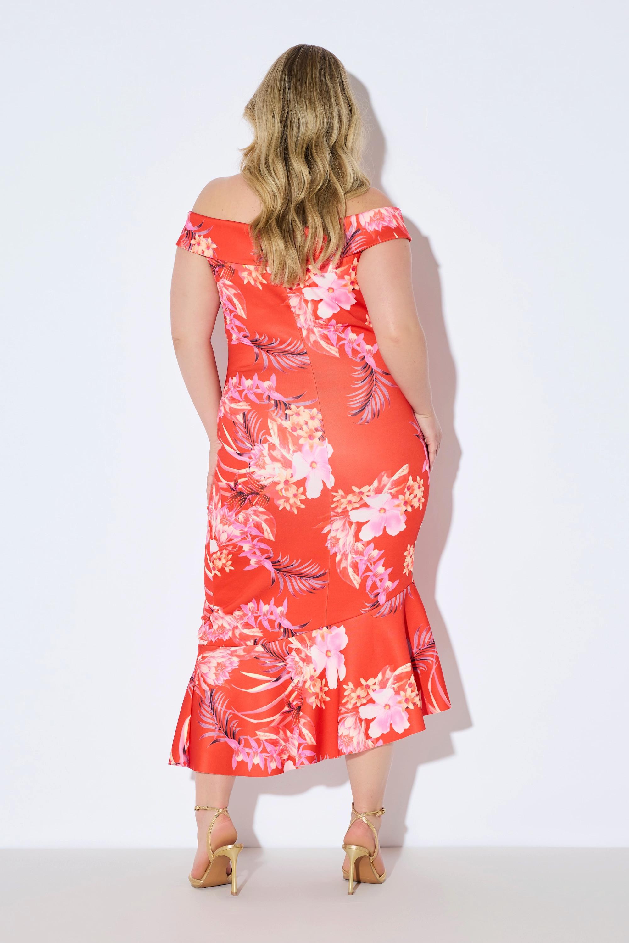 Ulla Popken Scuba Maxikleid Blumenmuster Carmenausschnitt Drapierung  