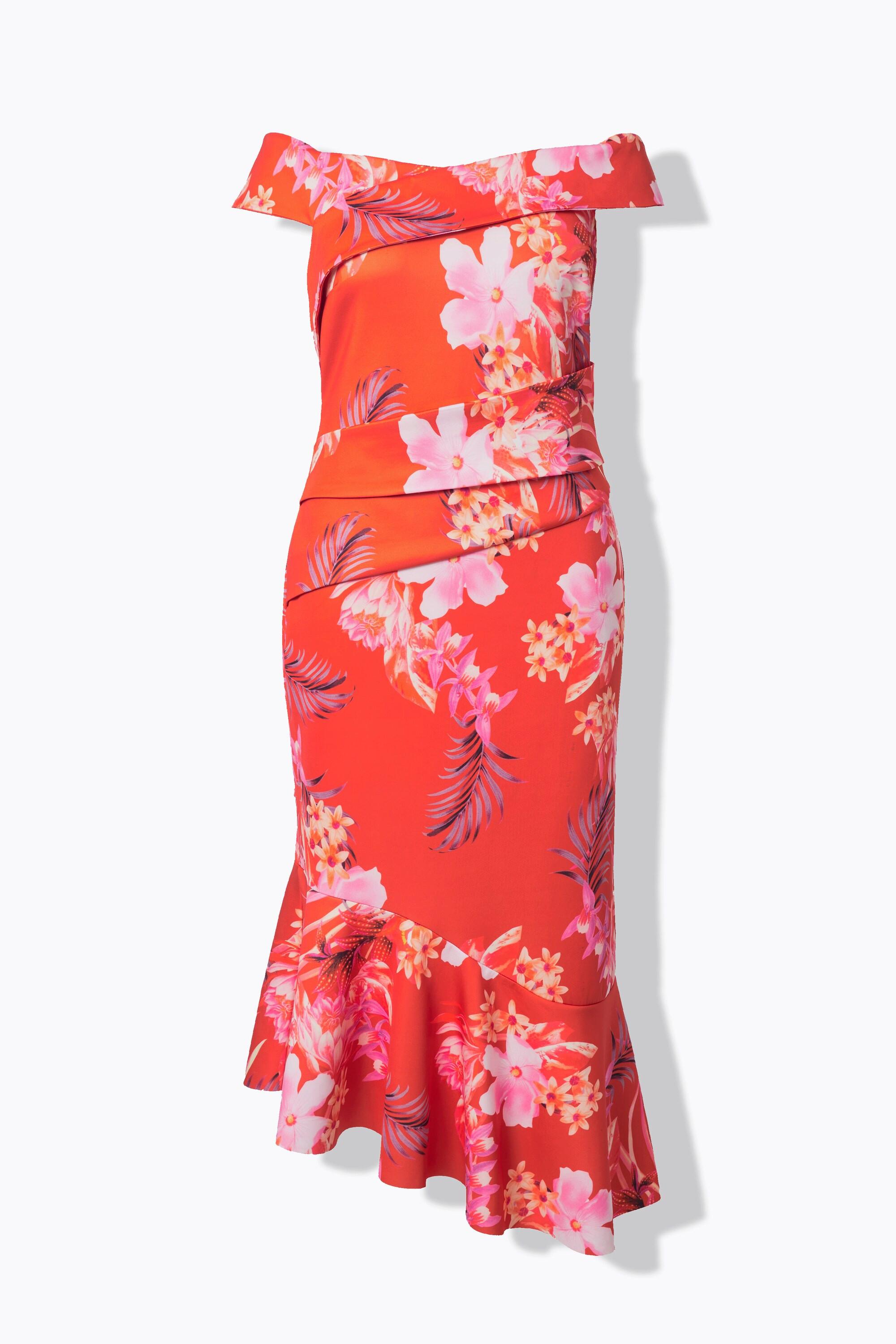 Ulla Popken Scuba Maxikleid Blumenmuster Carmenausschnitt Drapierung  