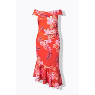 Ulla Popken Scuba Maxikleid Blumenmuster Carmenausschnitt Drapierung  