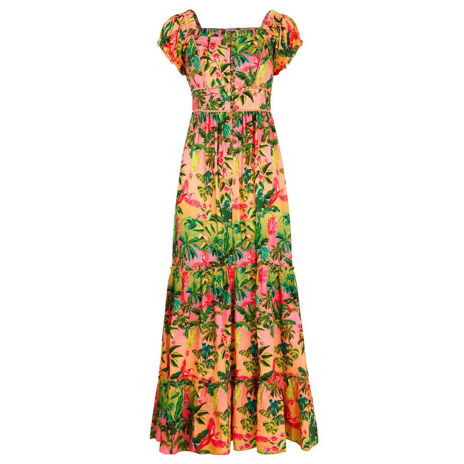 Joe Browns Robe Maxi Imprimée avec Encolure Carrée et Manches Bouffantes  