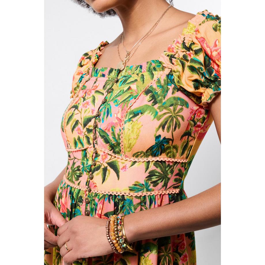 Joe Browns Robe Maxi Imprimée avec Encolure Carrée et Manches Bouffantes  