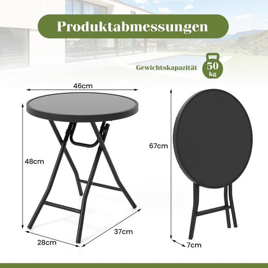 B2X Table basse de patio ronde avec plateau en verre trempé et table basse Table d'appoint pliante avec structure en métal noir  