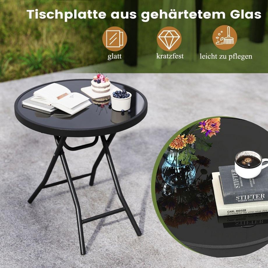 B2X Table basse de patio ronde avec plateau en verre trempé et table basse Table d'appoint pliante avec structure en métal noir  