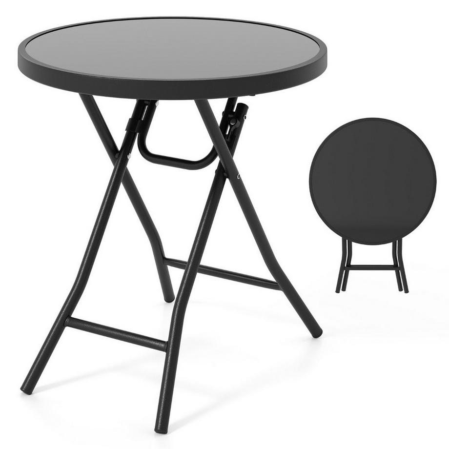 Table basse de patio ronde avec plateau en verre trempé et table basse Table d'appoint pliante avec structure en métal noir