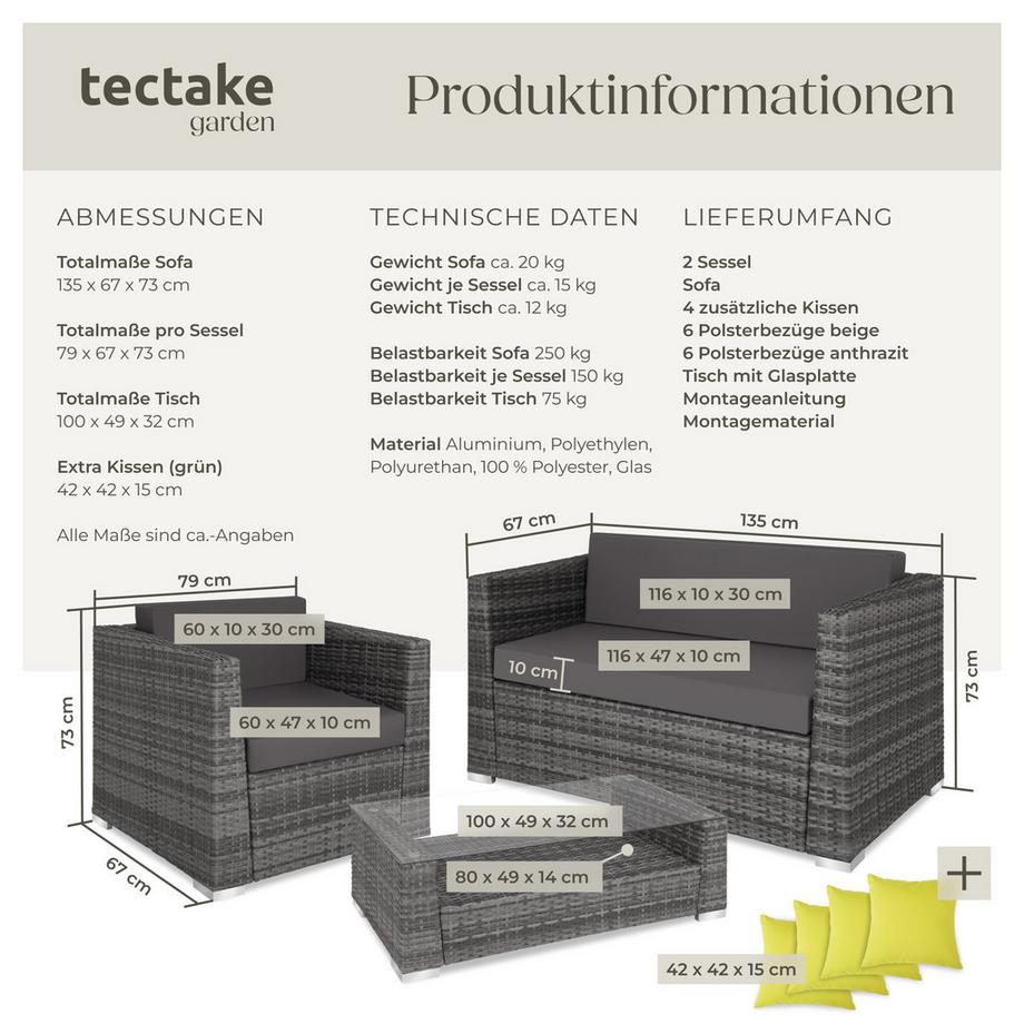Tectake Rattan Lounge München mit Aluminiumgestell für 4 Personen  