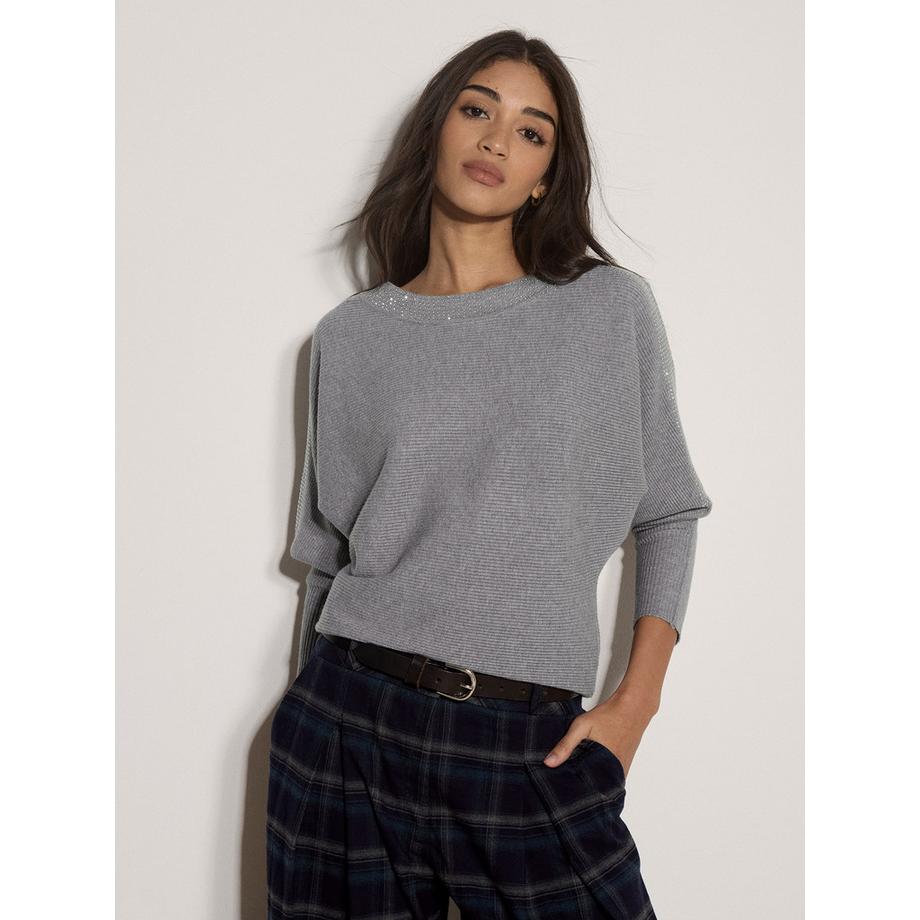 Mit Strasssteinen verzierter gerippter Pullover