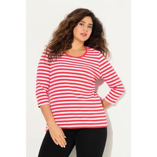 Ulla Popken  T-shirt rayé. Manches 3/4 et col rond. Jersey bord-côte. 