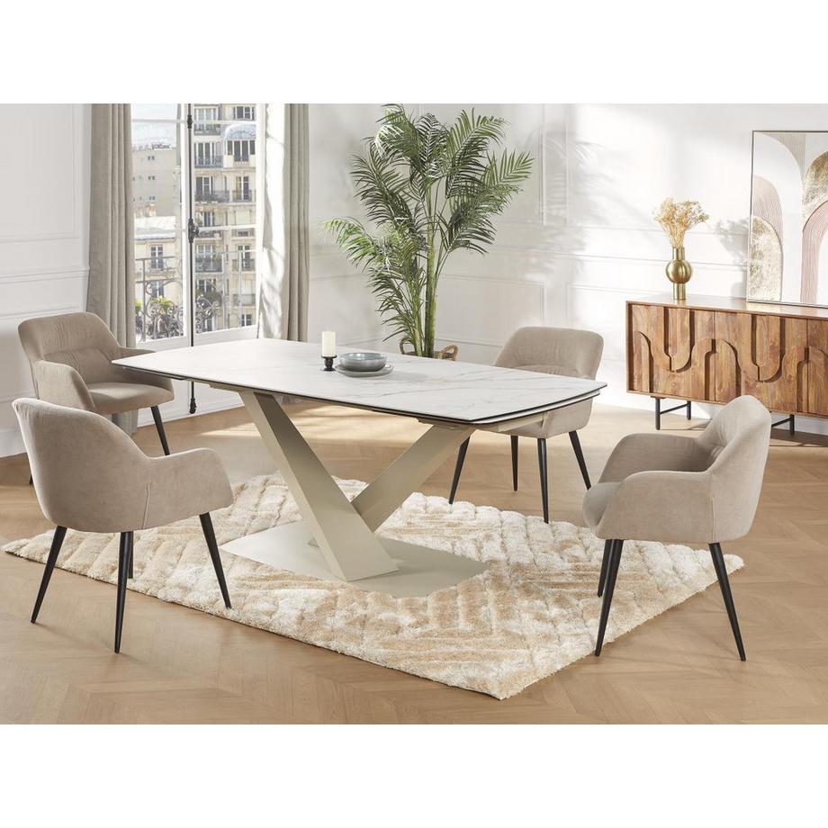 Maison Céphy Table à manger extensible 6 à 10 personnes en verre trempé, céramique et métal - Effet marbre blanc et beige  - MALATA de Maison Céphy  
