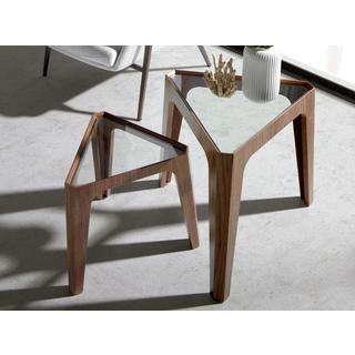 ANGEL CERDA Dreieckiger Ecktisch aus gehärtetem Glas und Nussbaum  