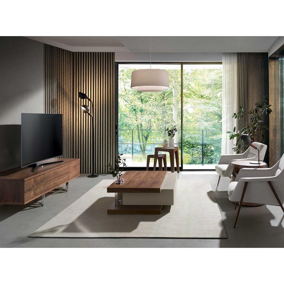 ANGEL CERDA Tavolo angolare triangolare in vetro temperato e noce  