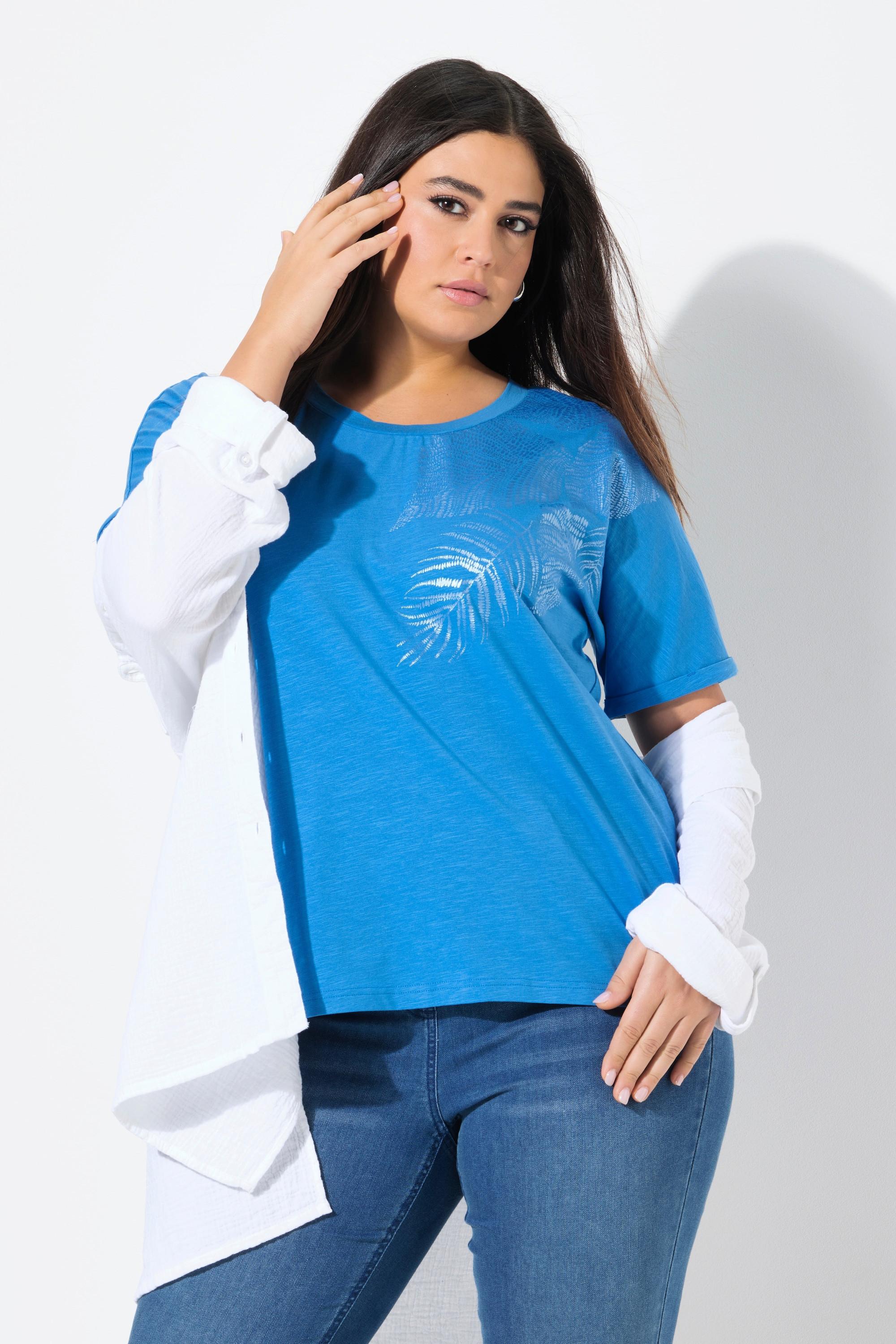 Ulla Popken Oversized Blätter Print Rundhals Halbarm T-Shirt  