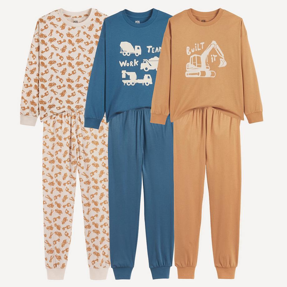 3er-Pack Pyjamas aus Baumwolle mit Druck von Baumaschinen