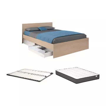 Letto con 2 cassetti 160 x 200 cm Naturale e Bianco lucido + Rete + Materasso - VELONA