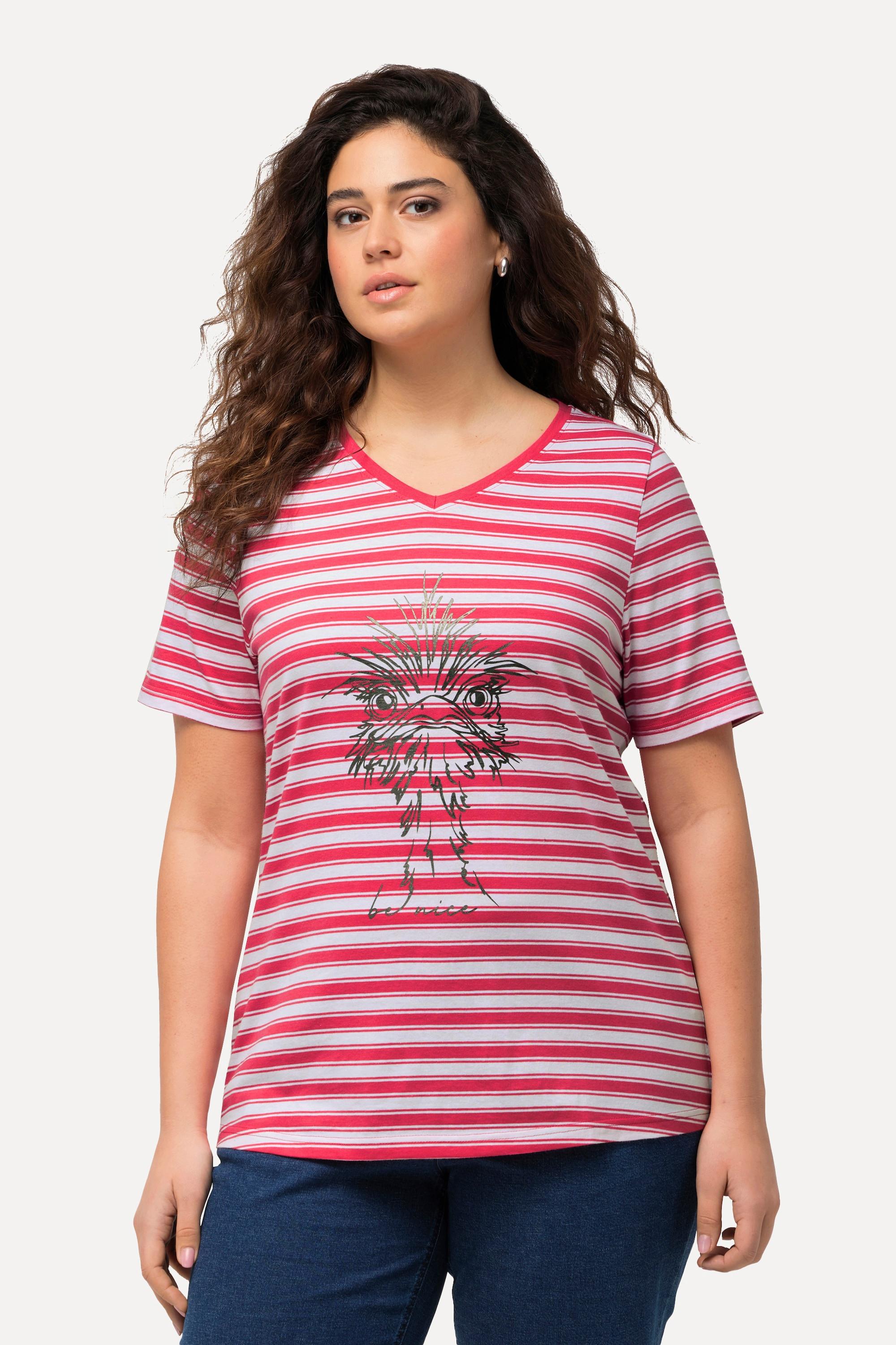 Ulla Popken  T-shirt a righe con design metallico con animale, scollo a V e mezze maniche 