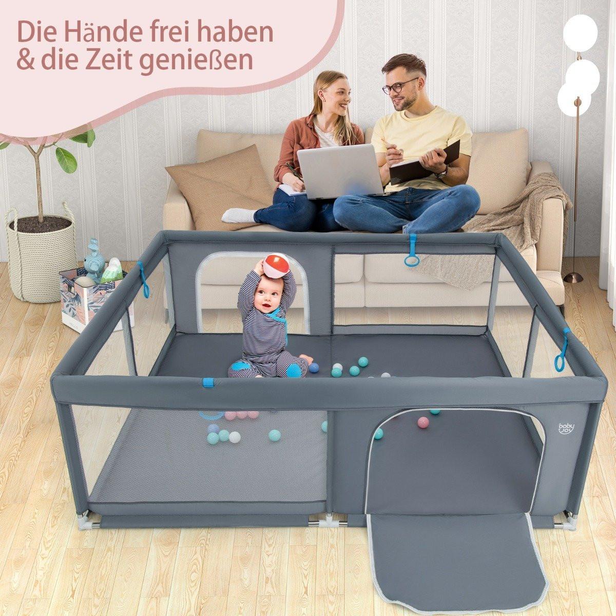 Northix  200 x 180 cm Baby Laufstall mit 50 Ozeanbällen & 4 Griffen & Tür Laufgitter Krabbelgitter Grau 