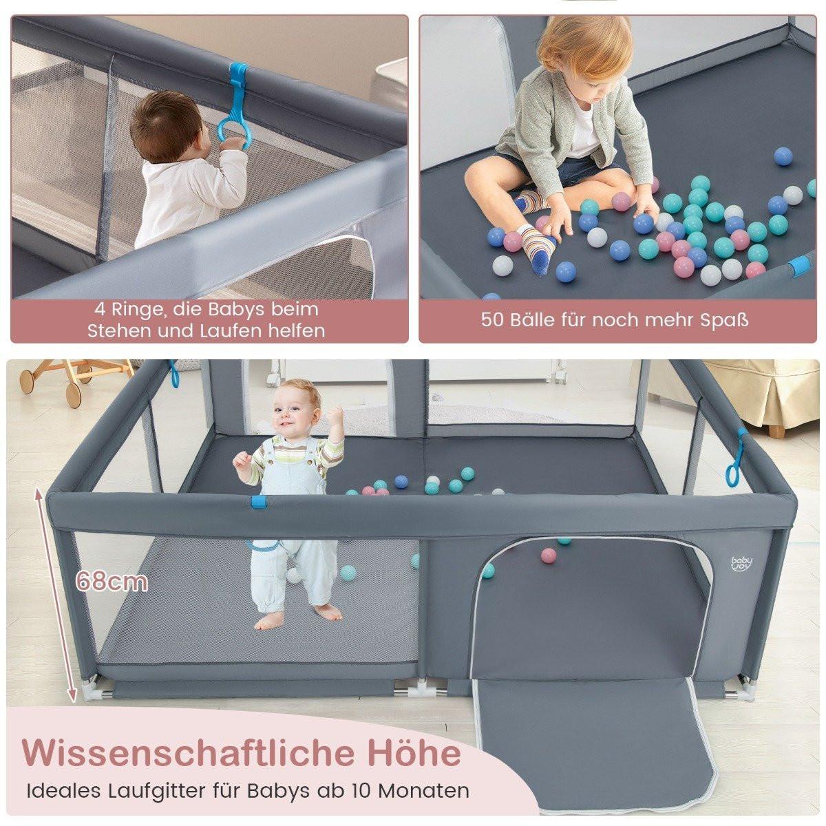 Northix  200 x 180 cm Baby Laufstall mit 50 Ozeanbällen & 4 Griffen & Tür Laufgitter Krabbelgitter Grau 
